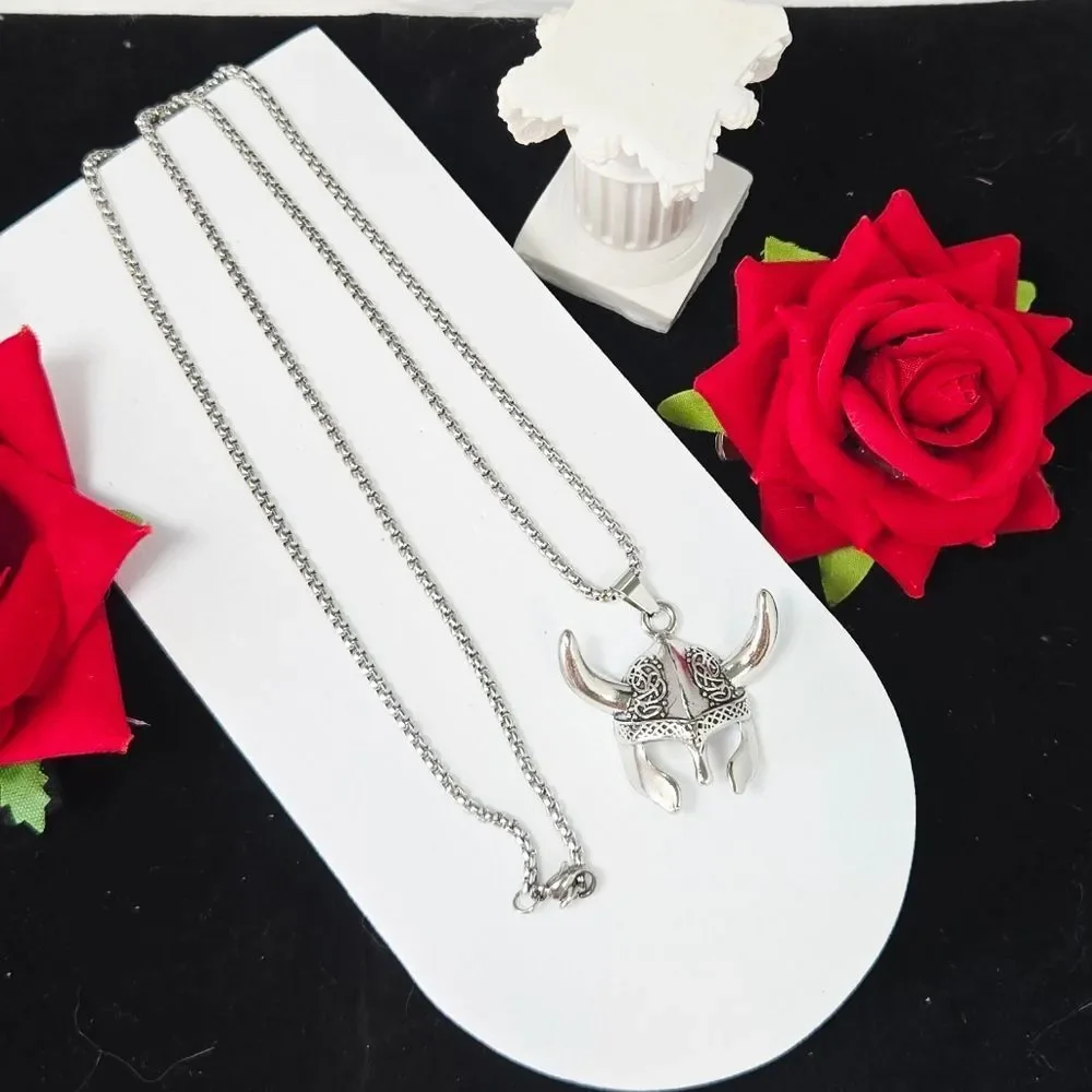 Viking Helmet Mask Pendant Necklace Nordic Celtic Stainless Steel Box Chain 24
